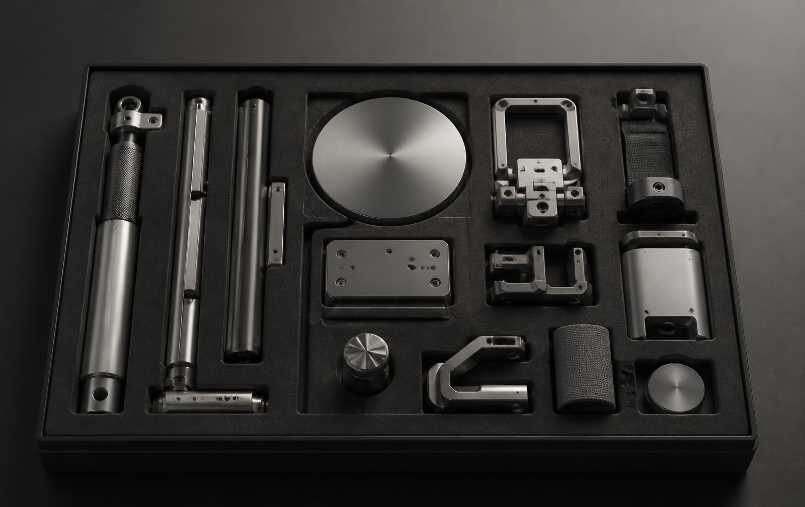 Precision tools laid out in a machined case