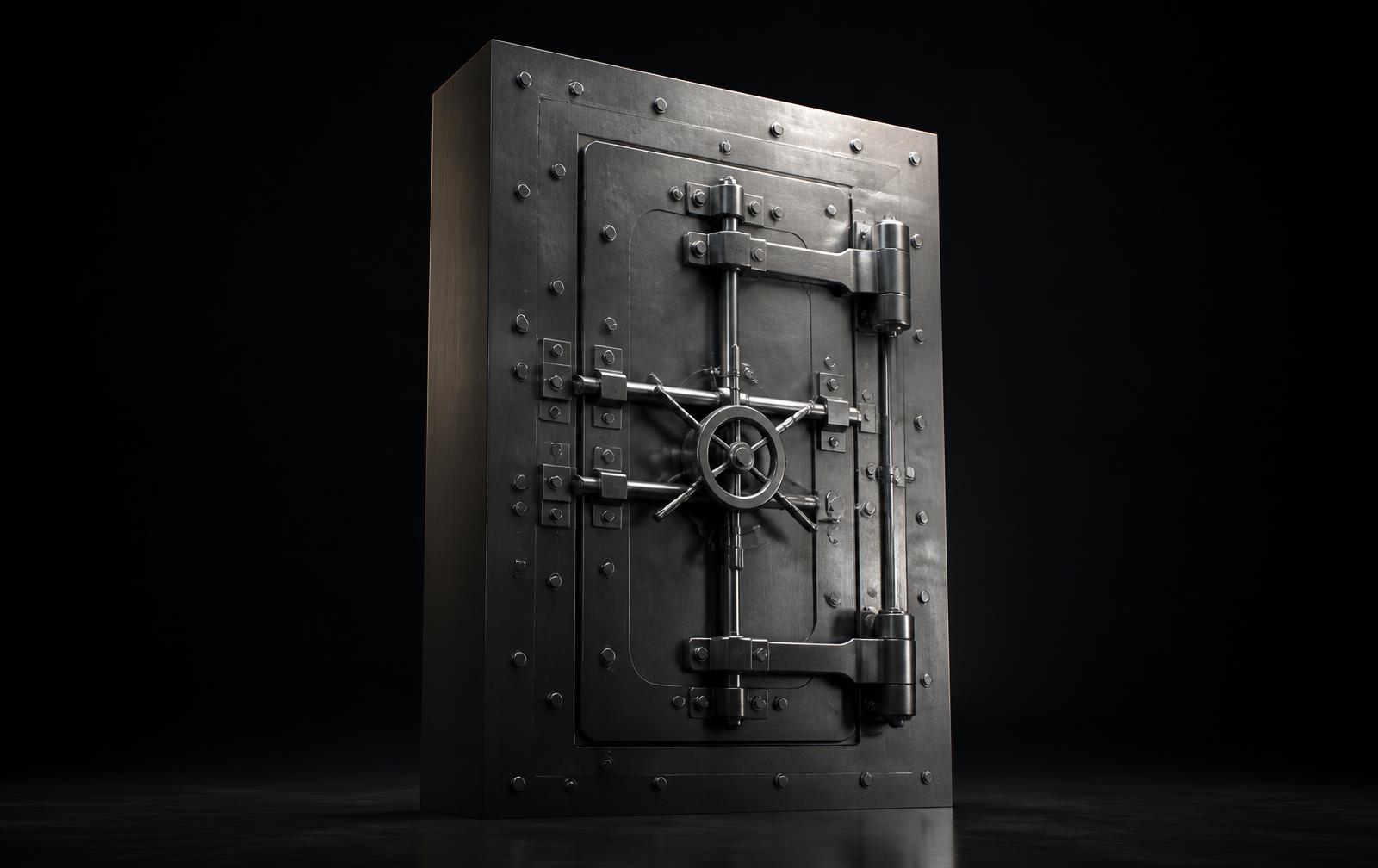 A heavy machined steel vault standing under cinematic light